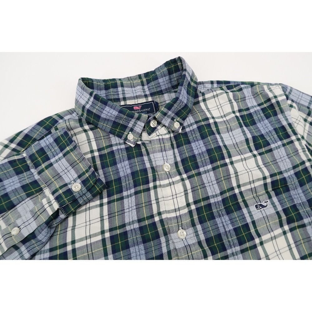 Vineyard Vines Performance Mens Large Green Blue Plaid Slim Fit Tucker Shirt - Picture 2 of 8